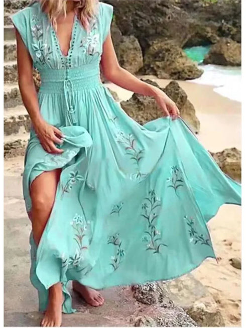 Elegant V Neck Sleeveless Floral Beach Dress for Women Casual Spring Summer Bohemian Style